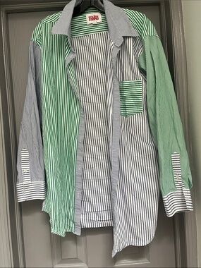 SOLID & STRIPED Green and Navy Mixed-Stripe Button Shirt